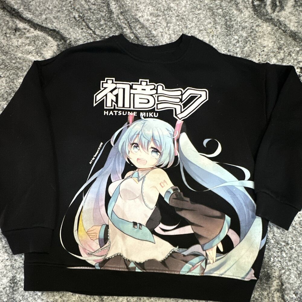 Hatsune Miku Anime Graphic Print Black Pullover Crewneck Sweatshirt Women S